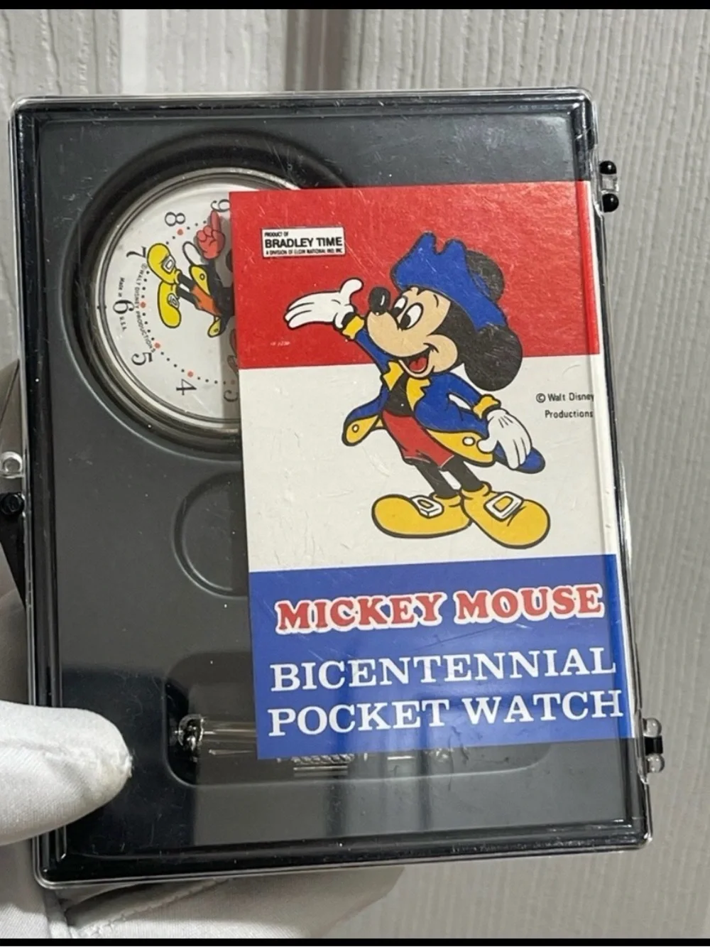 Disney Mickey Mouse Silver Pocket Watch with Red, Blue, Yellow Accents